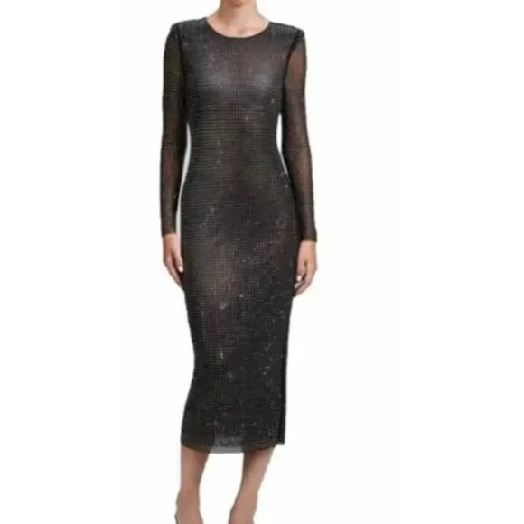 HOUSE OF HARLOW Black Fishnet Diamante Bodycon Long Sleeve Midi Dress Small